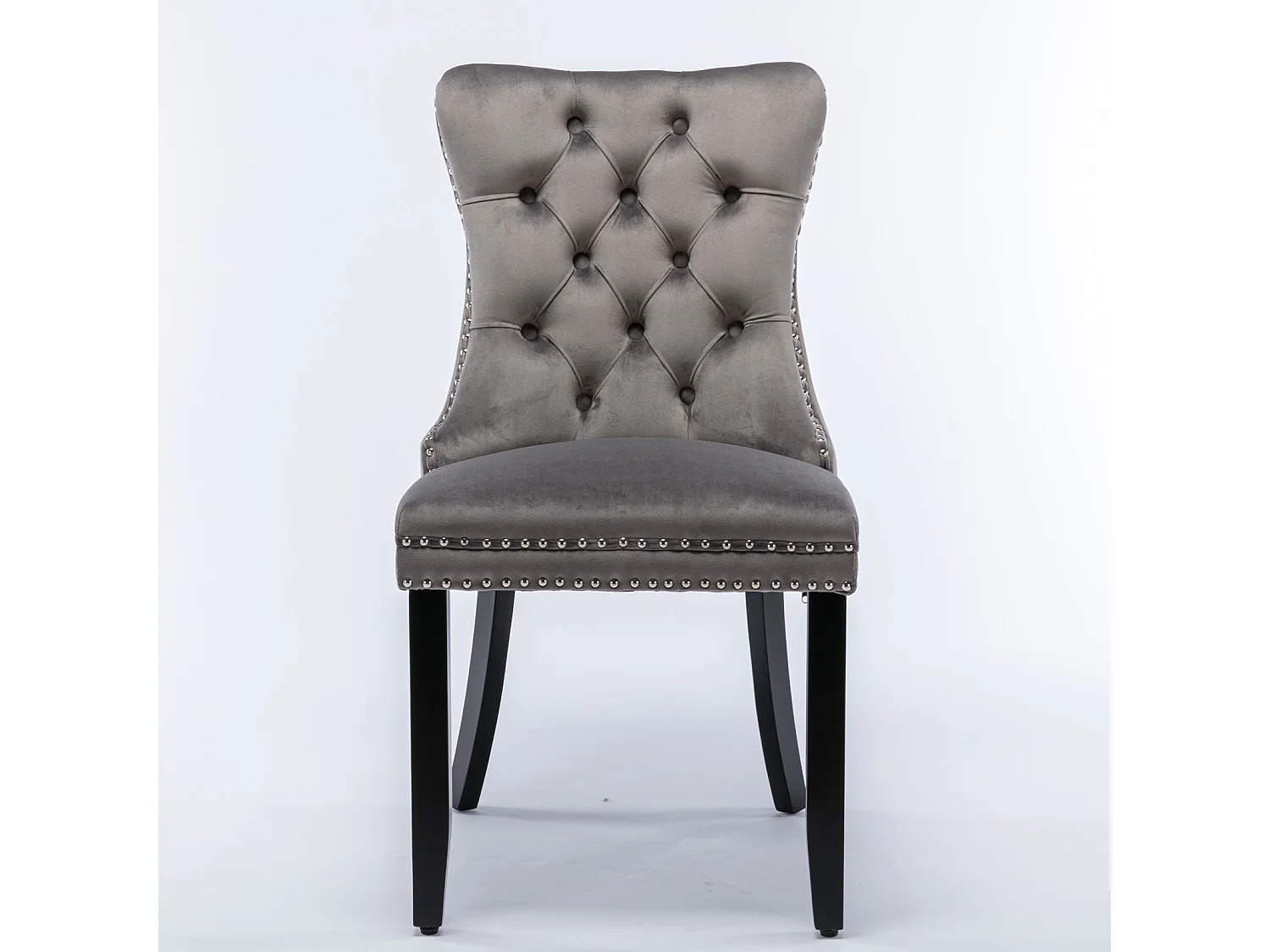 Moderne eetkamerstoel, gestoffeerd, massief hout, houten onderstel, decoratieve klinknagels, fluweel, grijs (65x50x95 cm)