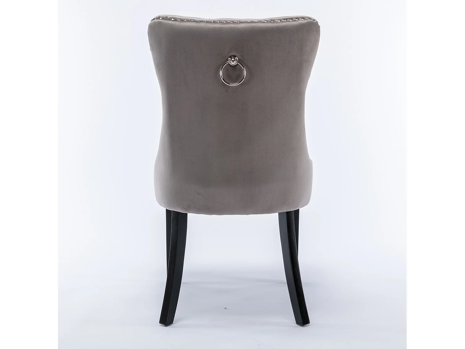 Moderne eetkamerstoel, gestoffeerd, massief hout, houten onderstel, decoratieve klinknagels, fluweel, grijs (65x50x95 cm)