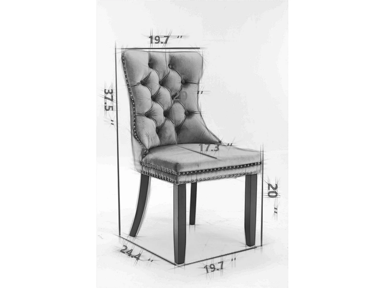 Gestoffeerde eetkamerstoel, massief hout, houten onderstel, decoratieve klinknagels, fluweel, grijs (65x50x95 cm)