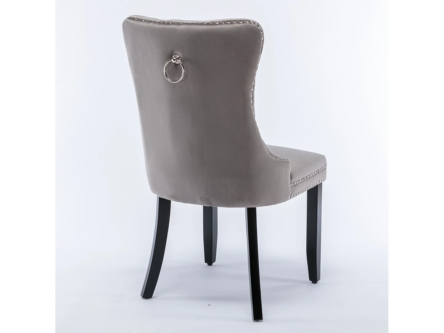 Chaise de salle à manger capitonnée, bois massif, piètement bois, rivets décoratifs, velours, gris (65x50x95 cm)