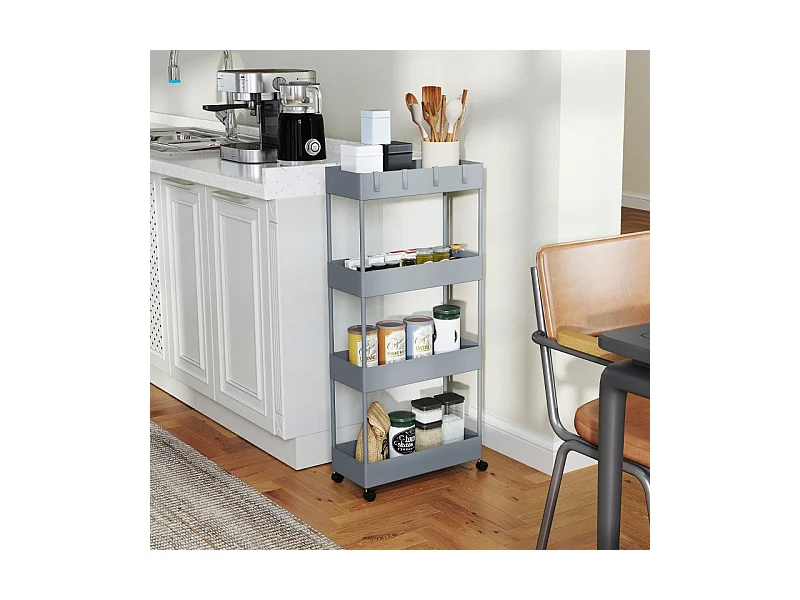 Chariot à roulettes avec 4 étagères, étagère de rangement mobile, plastique, gris (40x19x90 cm)