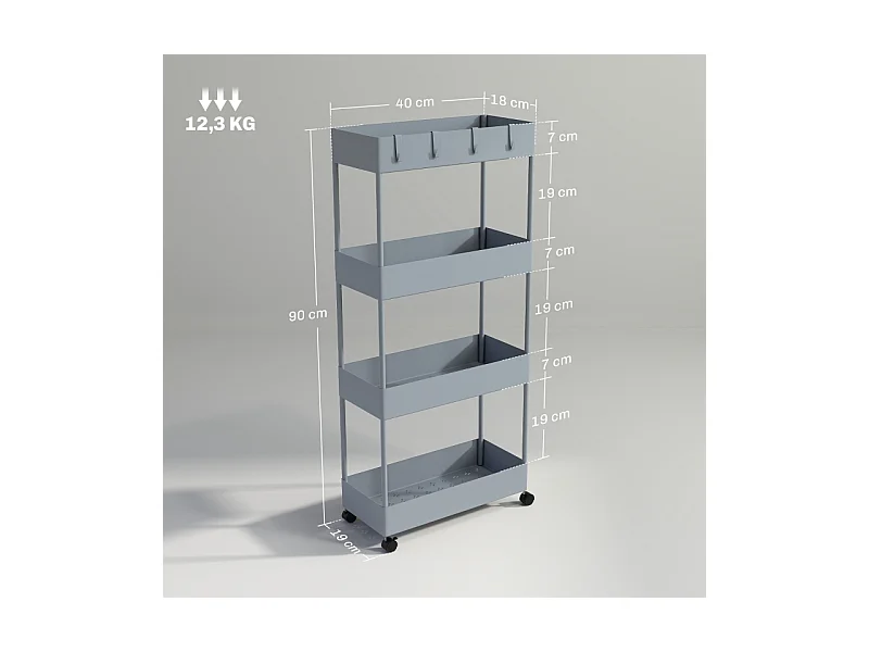 Chariot à roulettes avec 4 étagères, étagère de rangement mobile, plastique, gris (40x19x90 cm)
