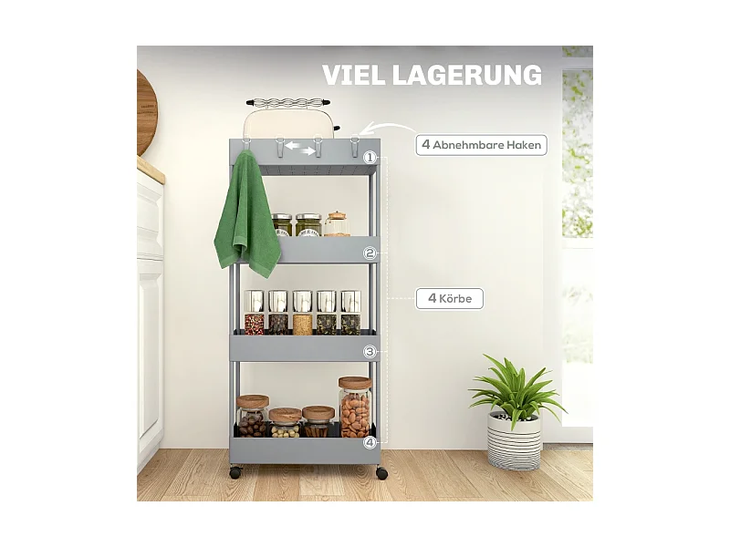 Chariot à roulettes avec 4 étagères, étagère de rangement mobile, plastique, gris (40x19x90 cm)