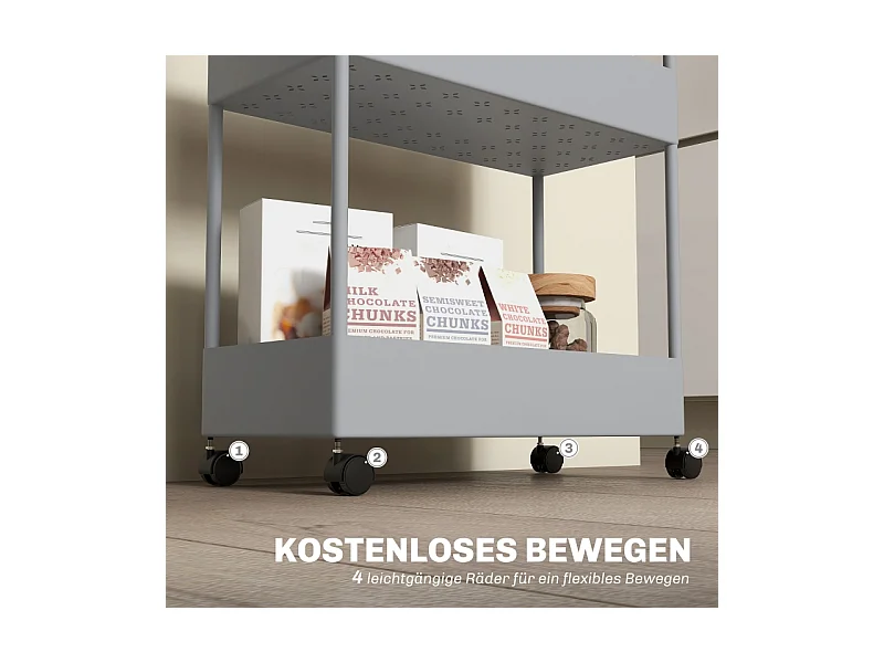 Chariot à roulettes avec 4 étagères, étagère de rangement mobile, plastique, gris (40x19x90 cm)