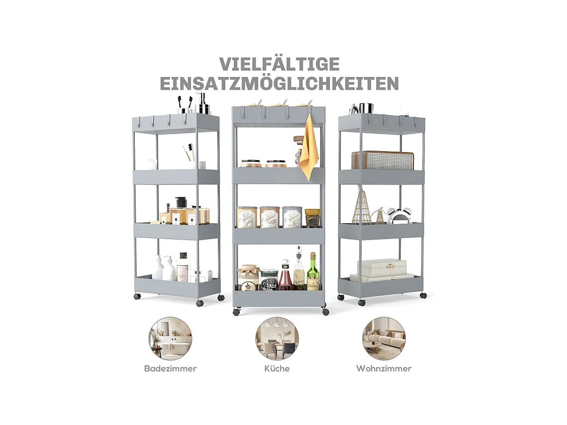 Chariot à roulettes avec 4 étagères, étagère de rangement mobile, plastique, gris (40x19x90 cm)