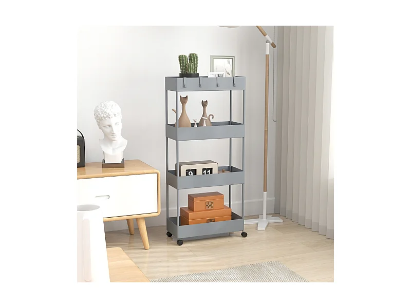 Chariot à roulettes avec 4 étagères, étagère de rangement mobile, plastique, gris (40x19x90 cm)