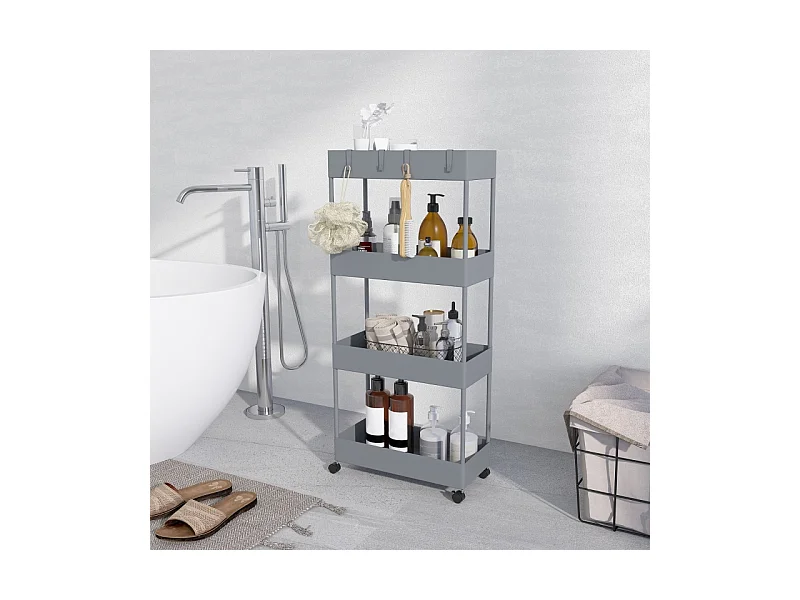 Chariot à roulettes avec 4 étagères, étagère de rangement mobile, plastique, gris (40x19x90 cm)