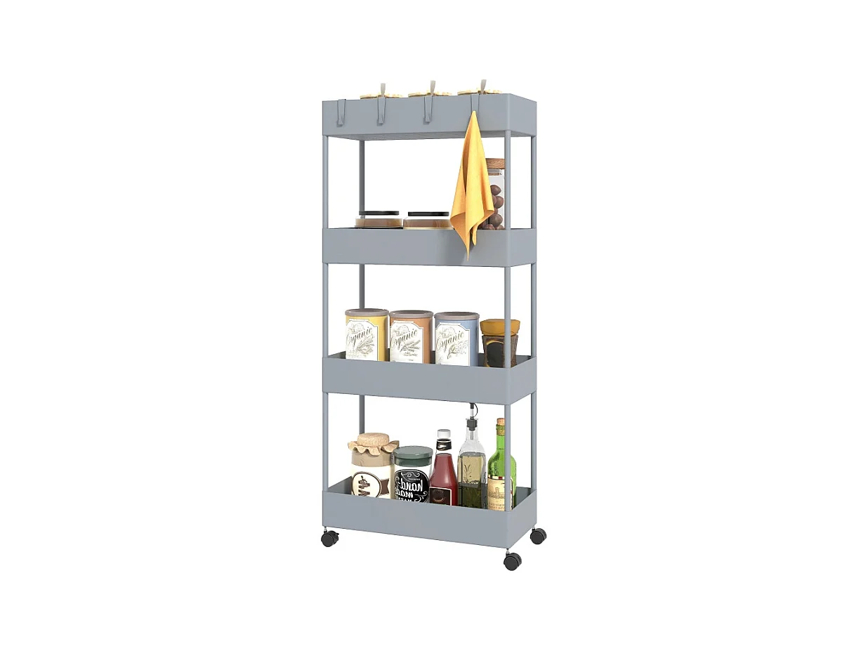 Chariot à roulettes avec 4 étagères, étagère de rangement mobile, plastique, gris (40x19x90 cm)