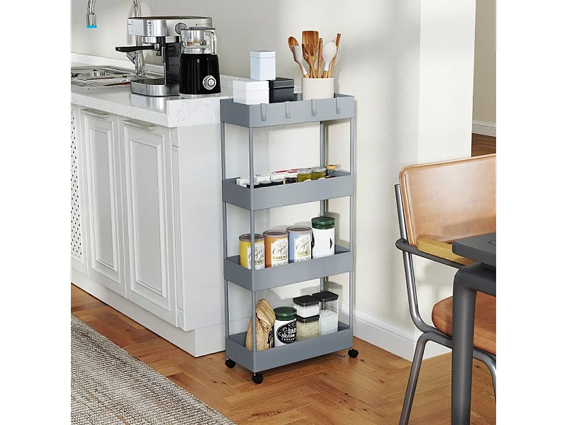 Carrello con 4 ripiani, ripiano portaoggetti mobile, plastica, grigio (40x19x90 cm)