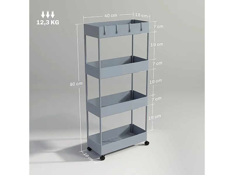 Carrello con 4 ripiani, ripiano portaoggetti mobile, plastica, grigio (40x19x90 cm)