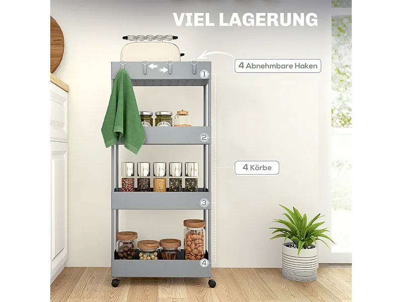 Carrello con 4 ripiani, ripiano portaoggetti mobile, plastica, grigio (40x19x90 cm)