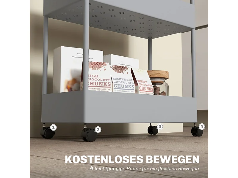 Carrello con 4 ripiani, ripiano portaoggetti mobile, plastica, grigio (40x19x90 cm)