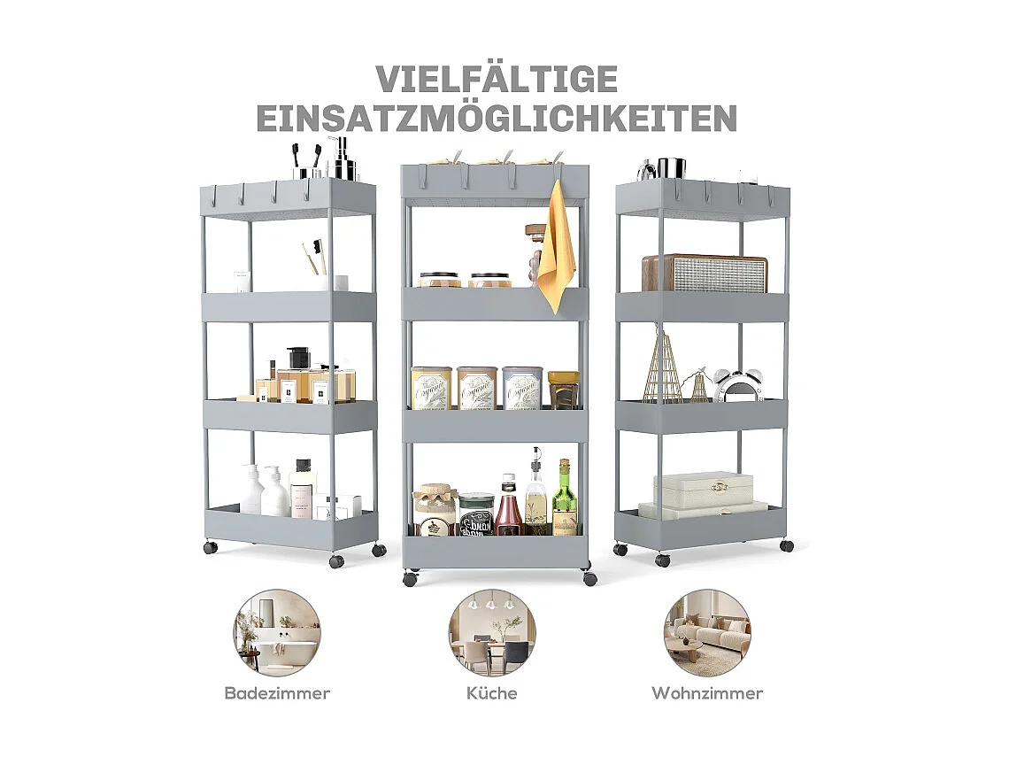 Carrello con 4 ripiani, ripiano portaoggetti mobile, plastica, grigio (40x19x90 cm)