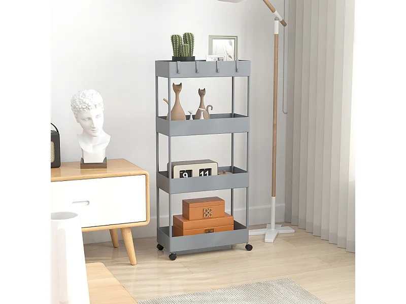 Carrello con 4 ripiani, ripiano portaoggetti mobile, plastica, grigio (40x19x90 cm)