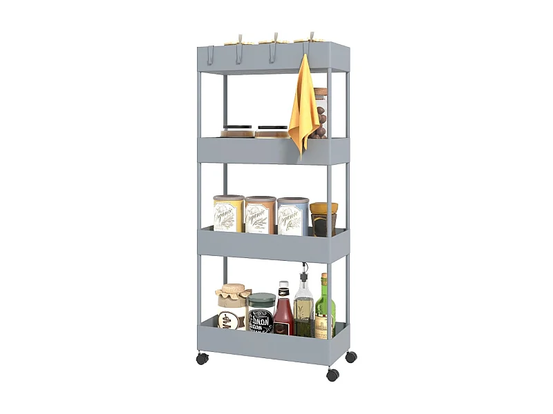 Carrello con 4 ripiani, ripiano portaoggetti mobile, plastica, grigio (40x19x90 cm)