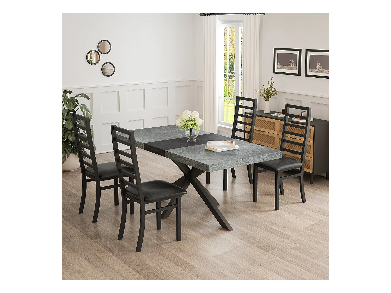 Chaises de salle à manger métal, design épuré, PU simili cuir, pieds en acier, noir (40x47x107 cm)