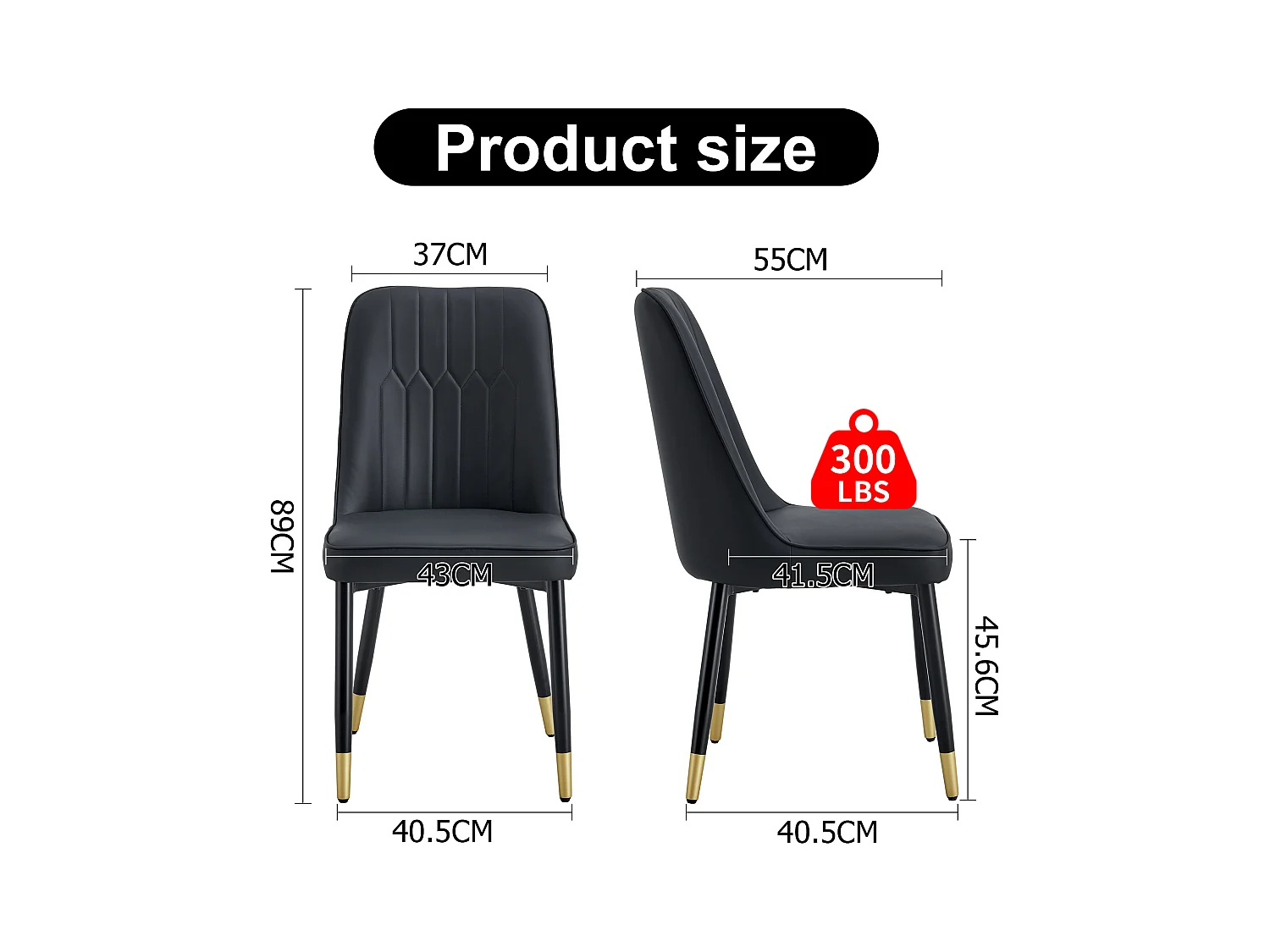 Chaise de salle à manger moderne, PU noir, pieds métalliques noirs, design minimaliste (55x43x89 cm)