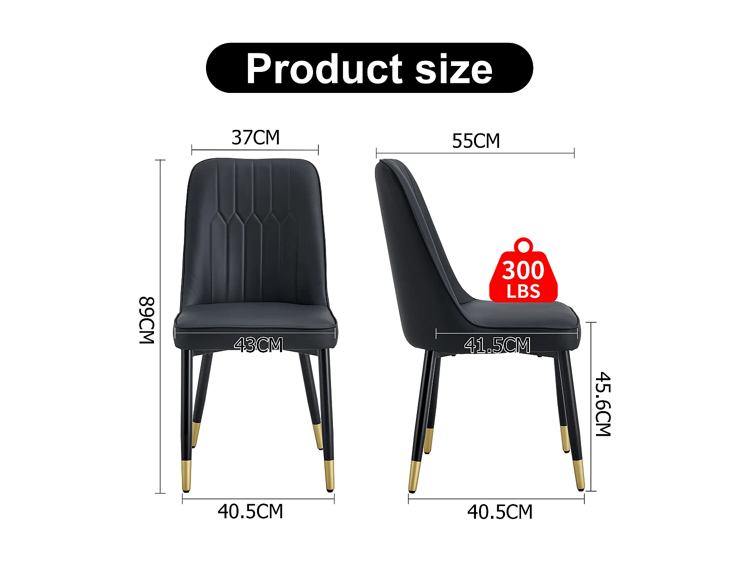 Chaise de salle à manger moderne, PU noir, pieds métalliques noirs, design minimaliste (55x43x89 cm)