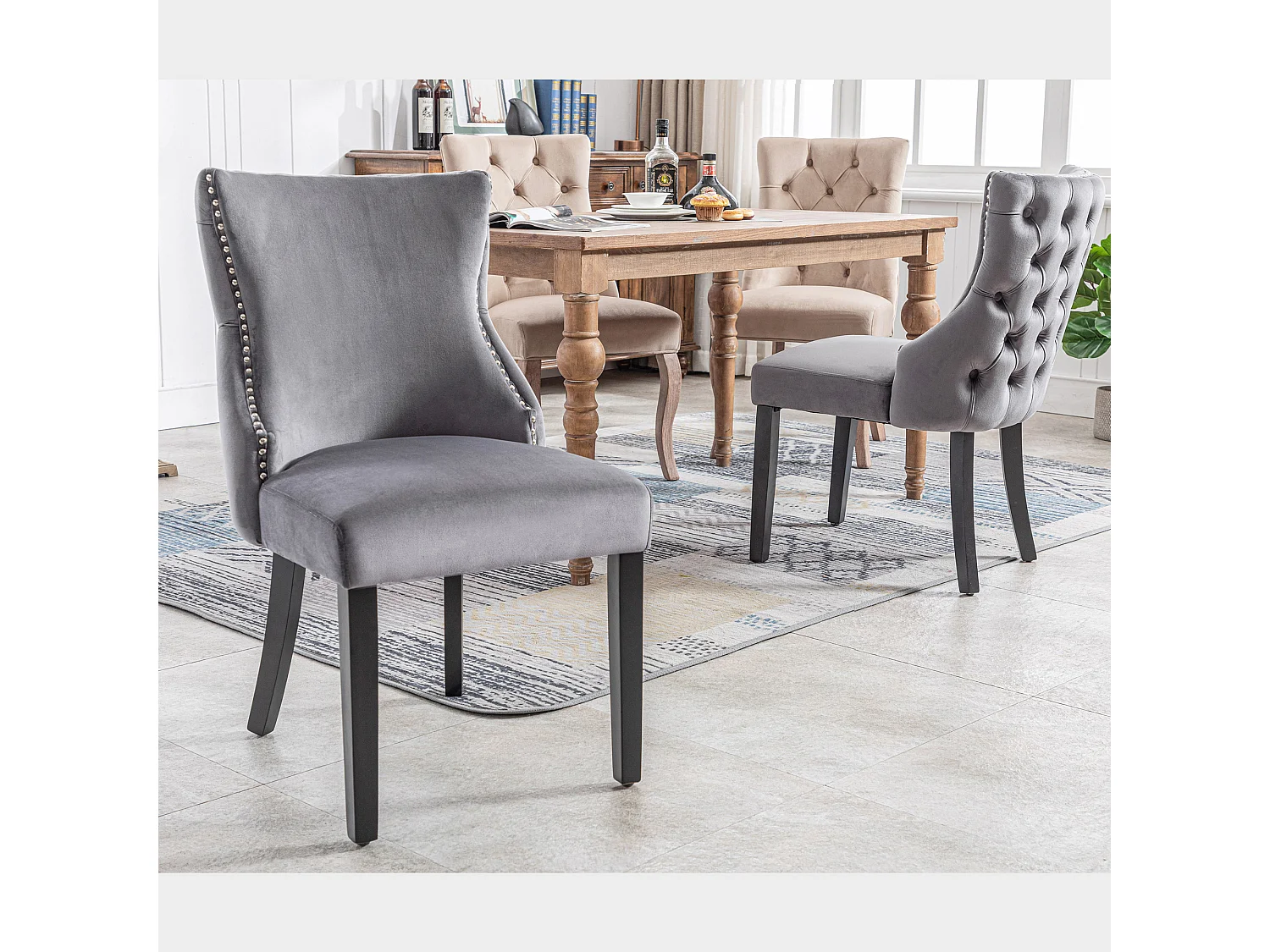 Chaise de salle à manger en velours, design moderne, structure en bois massif, gris (44x41x86 cm)