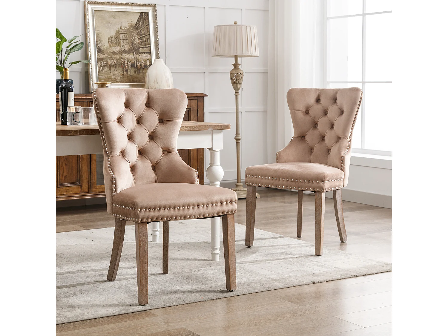 Chaise de salle à manger avec tirage circulaire, en velours, pieds en bois massif, marron (53x46.5x95 cm)