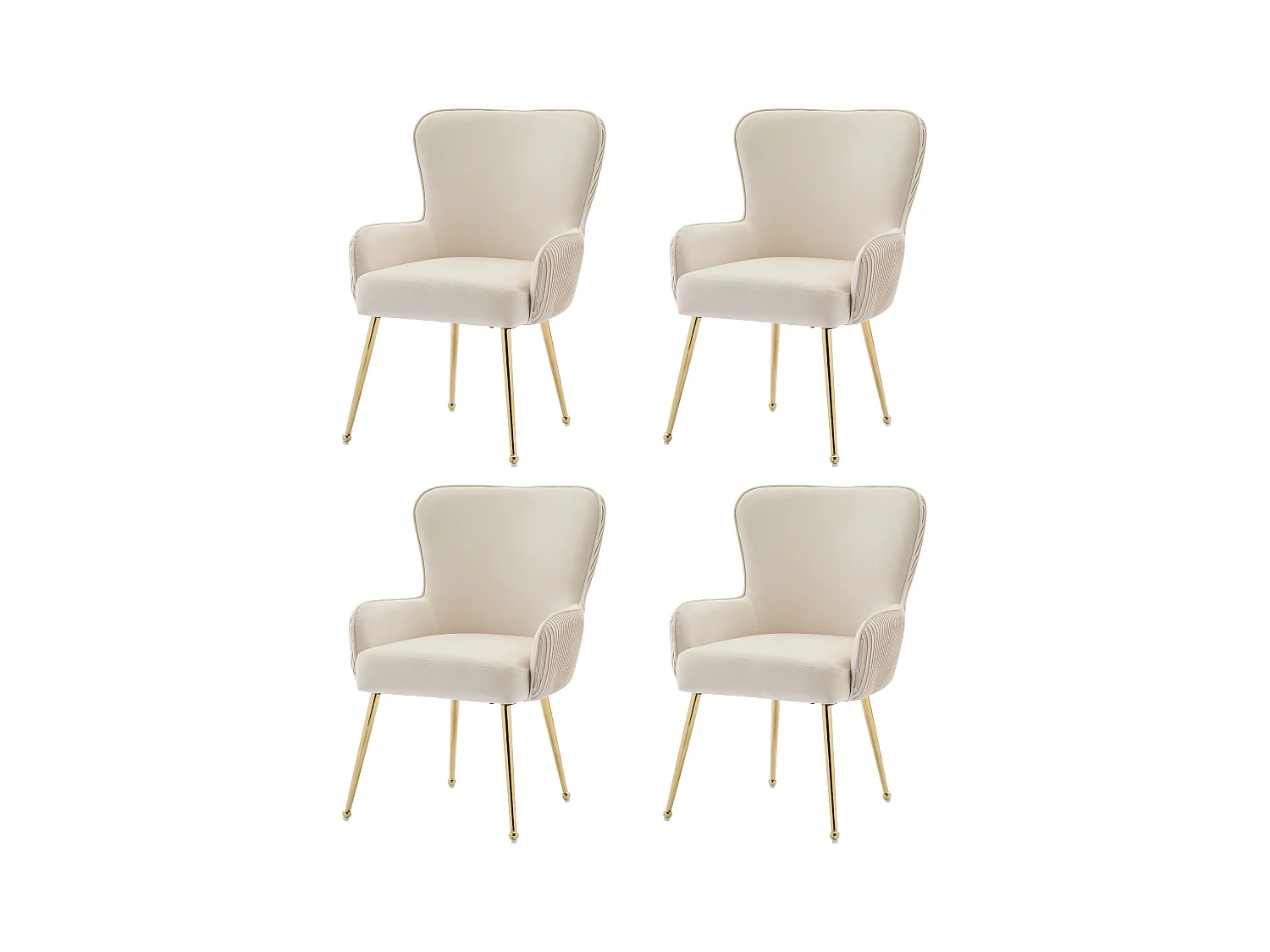 Juego de 4 sillas de comedor de terciopelo beige con reposabrazos, patas de metal dorado, soporte lumbar y patas ajustables (69 x 58,5 x 56 cm)