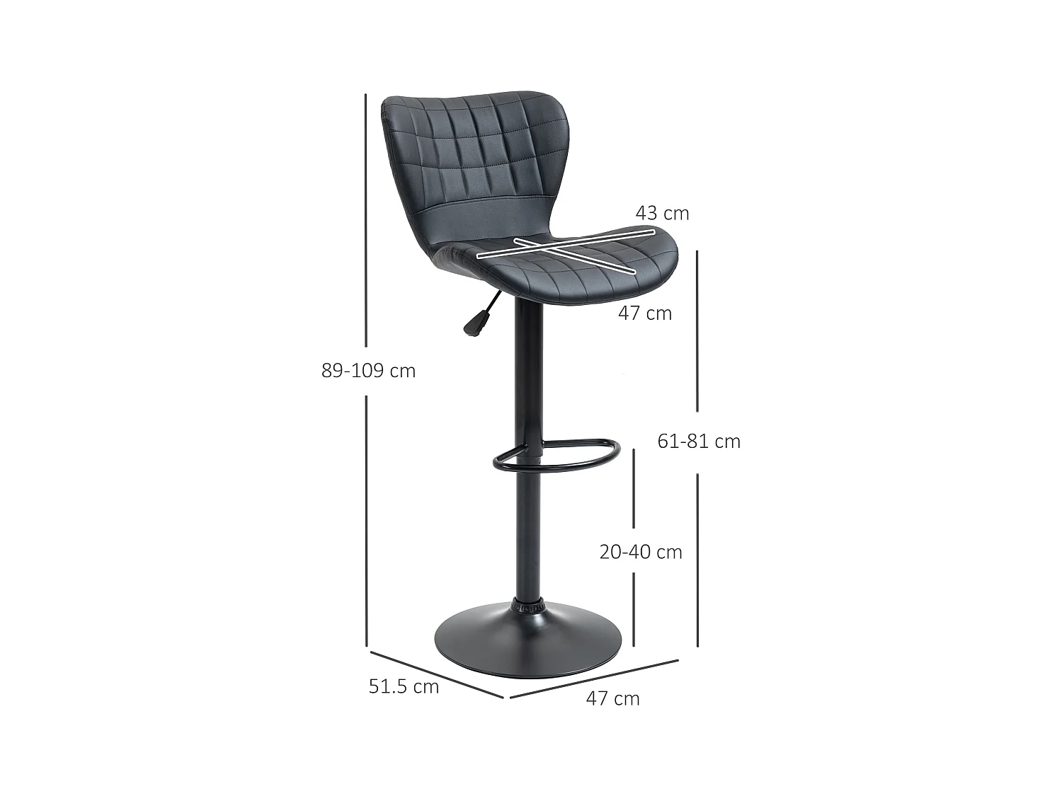 Tabouret de bar réglable, pivotant 360°, simili cuir noir, structure métal, design rétro (47x51.5x89-109cm)