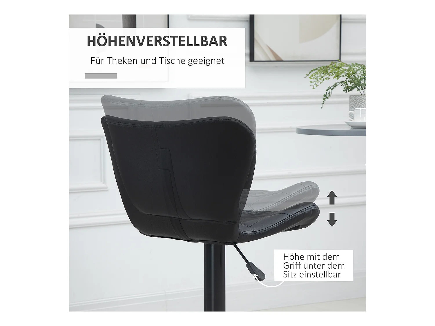 Tabouret de bar réglable, pivotant 360°, simili cuir noir, structure métal, design rétro (47x51.5x89-109cm)