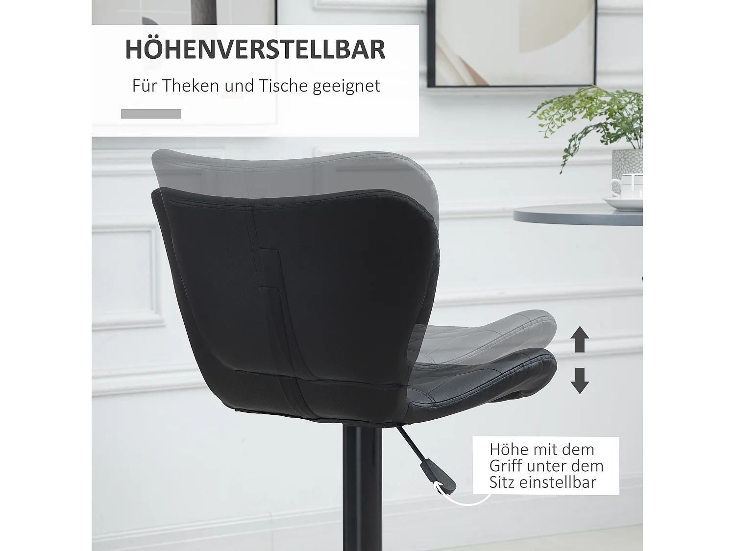 Tabouret de bar réglable, pivotant 360°, simili cuir noir, structure métal, design rétro (47x51.5x89-109cm)