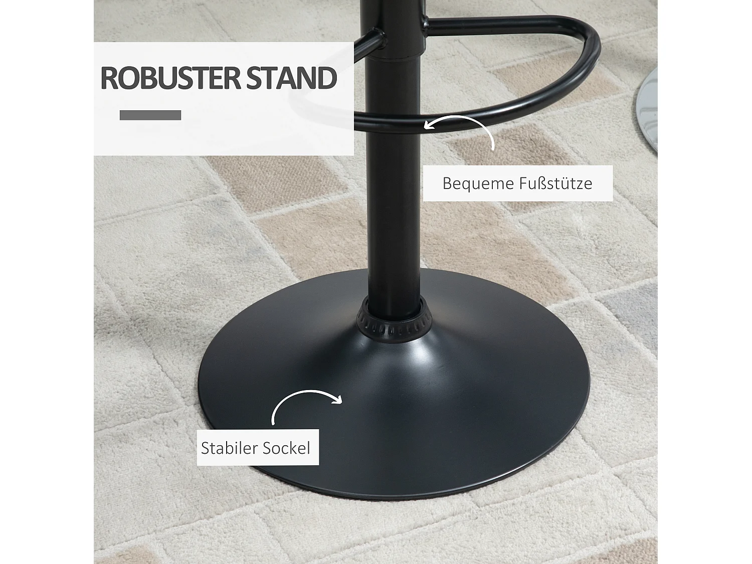 Tabouret de bar réglable, pivotant 360°, simili cuir noir, structure métal, design rétro (47x51.5x89-109cm)