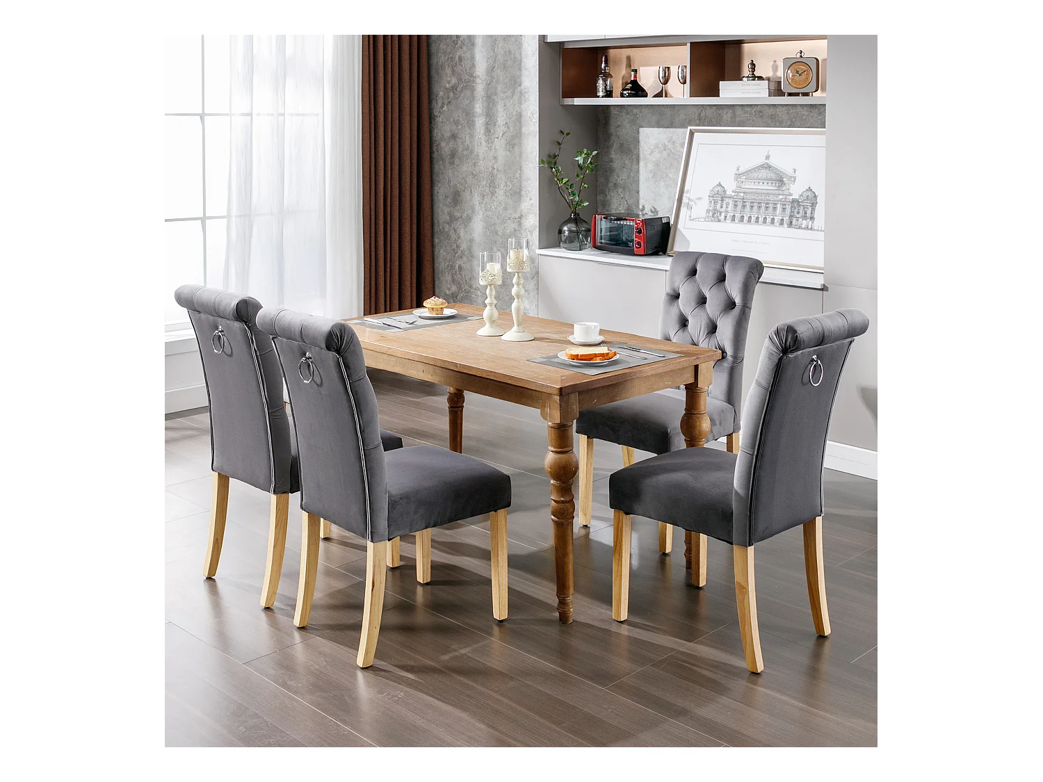 Eetkamerstoel van fluweel met eikenhouten poten, chromen knop en bel, fauteuil in de woonkamer, grijs (54x50x94 cm)