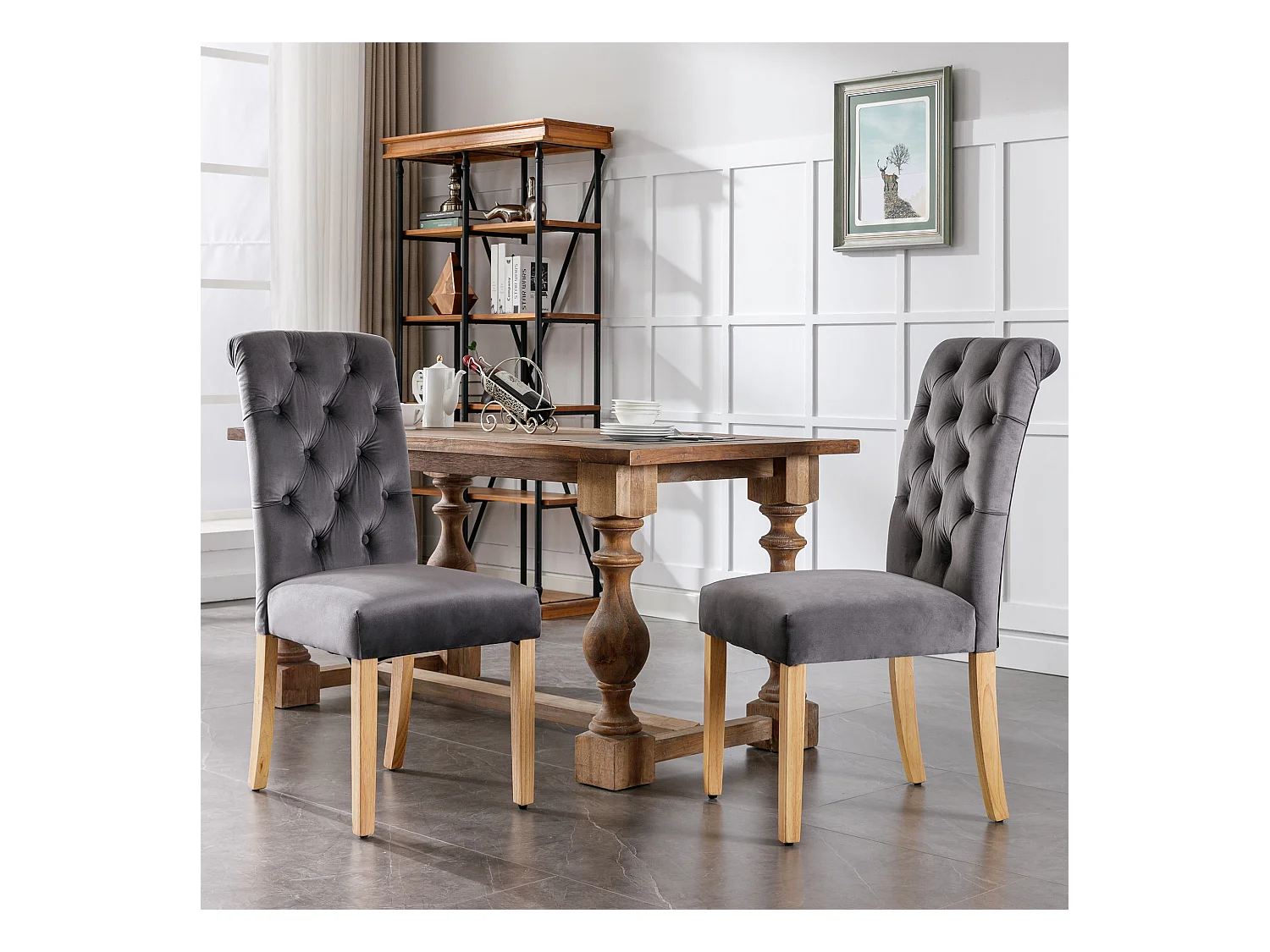 Eetkamerstoel van fluweel met eikenhouten poten, chromen knop en bel, fauteuil in de woonkamer, grijs (54x50x94 cm)