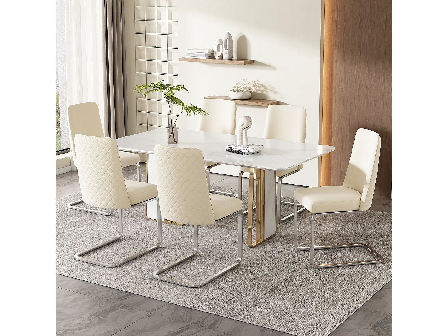 Set van 6 fluwelen eetkamerstoelen, luxe design, diamantvormige rugleuning, zilveren metalen poten, beige (47x47x90 cm)