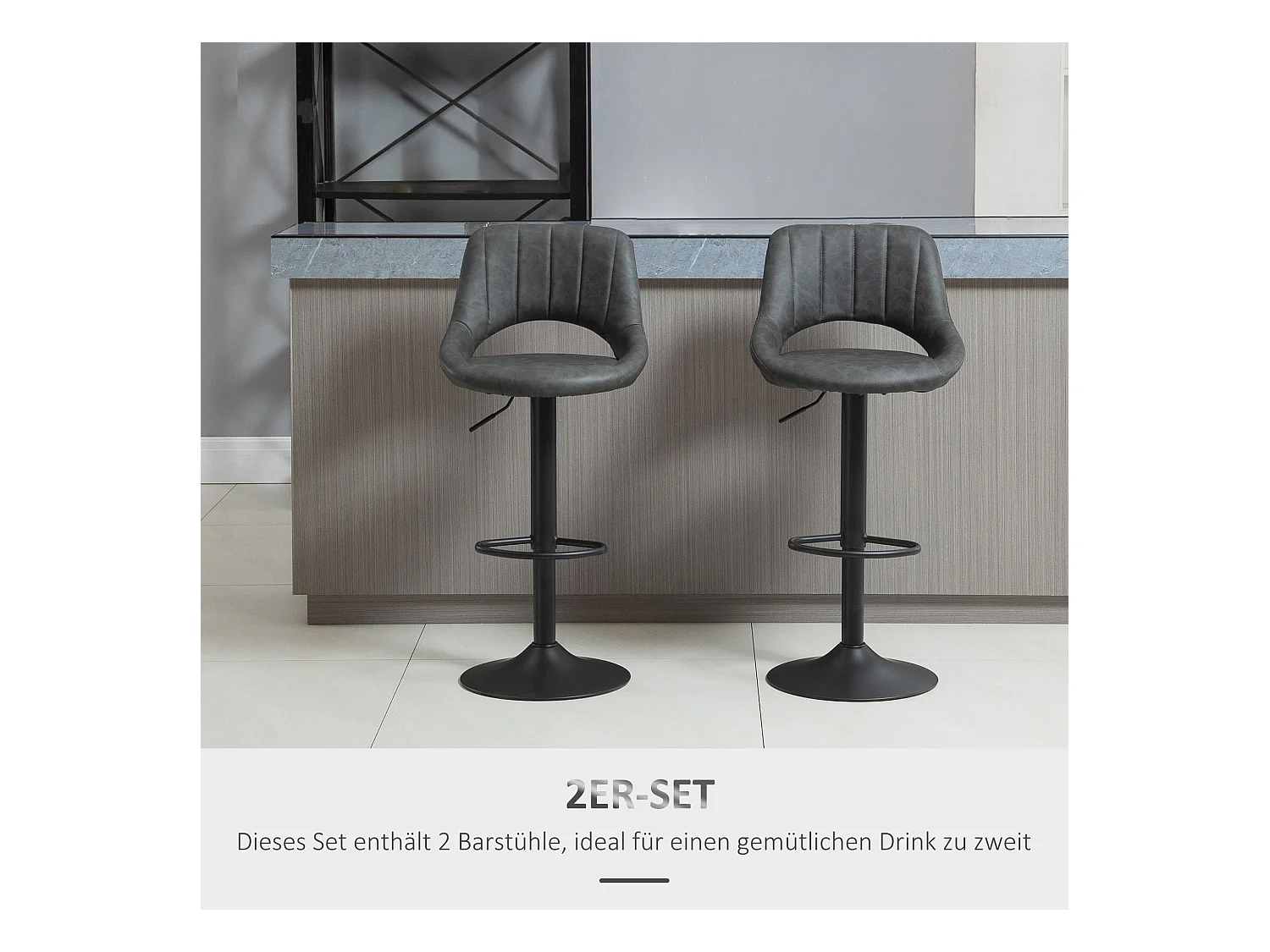 Tabouret de bar, réglable en hauteur, design vintage, simili cuir, métal, gris (44x49x90-110 cm)