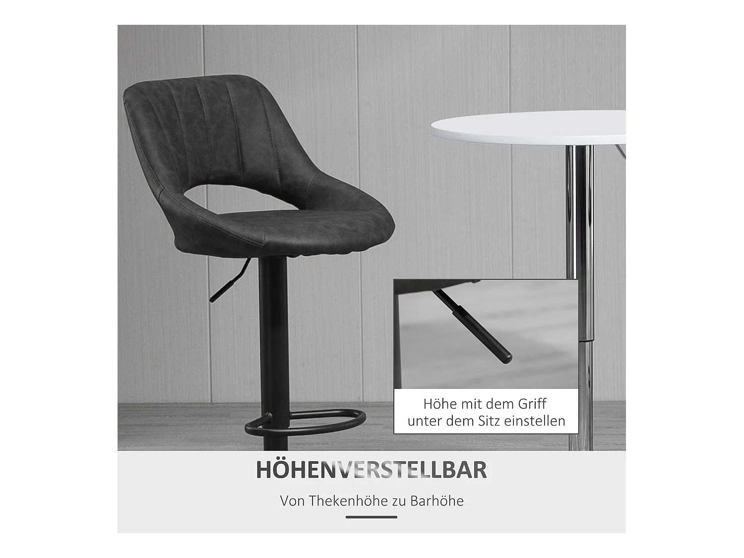 Tabouret de bar, réglable en hauteur, design vintage, simili cuir, métal, gris (44x49x90-110 cm)