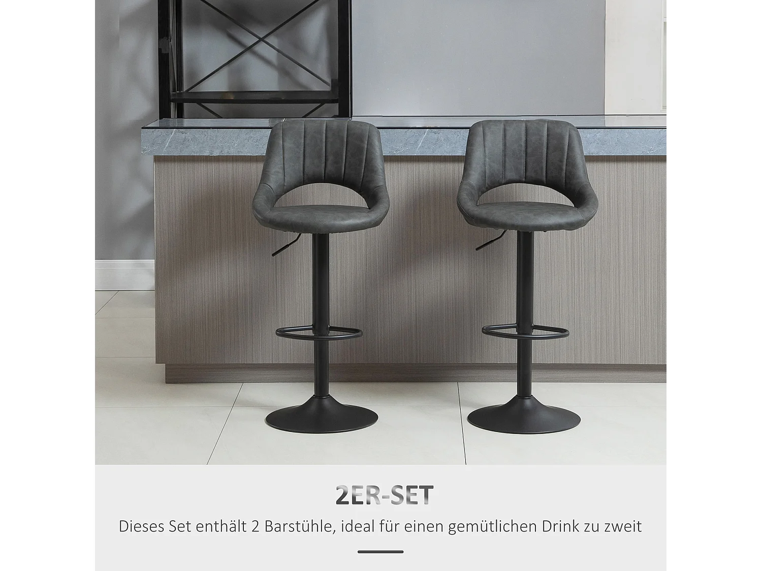 Sgabello da bar, regolabile in altezza, design vintage, similpelle, metallo, grigio (44x49x90-110 cm)