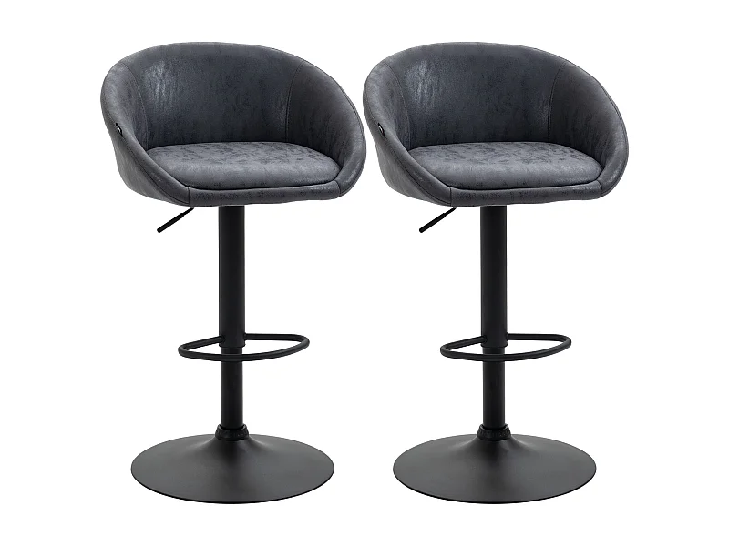 Set van 2 verstelbare barkrukken, armleuningen, rugleuning van imitatieleer, donkergrijs, metalen poten (57x50x84-104cm)