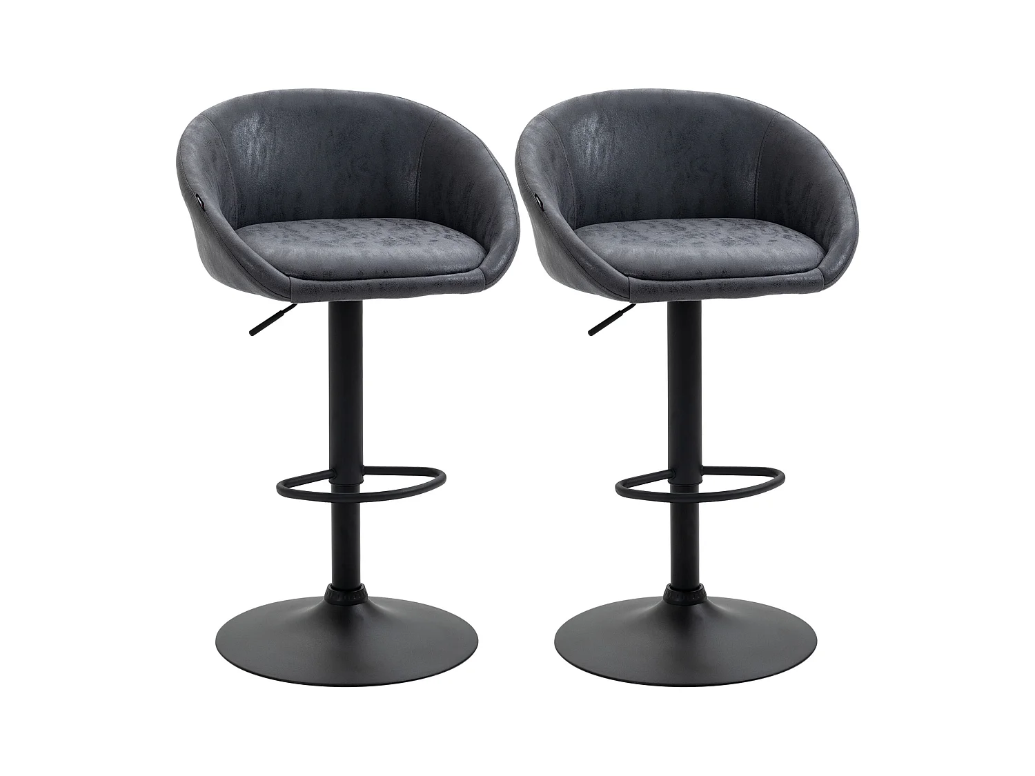 Lot de 2 tabourets de bar réglables, accoudoirs, dossier simili cuir, gris foncé, pieds métal (57x50x84-104cm)