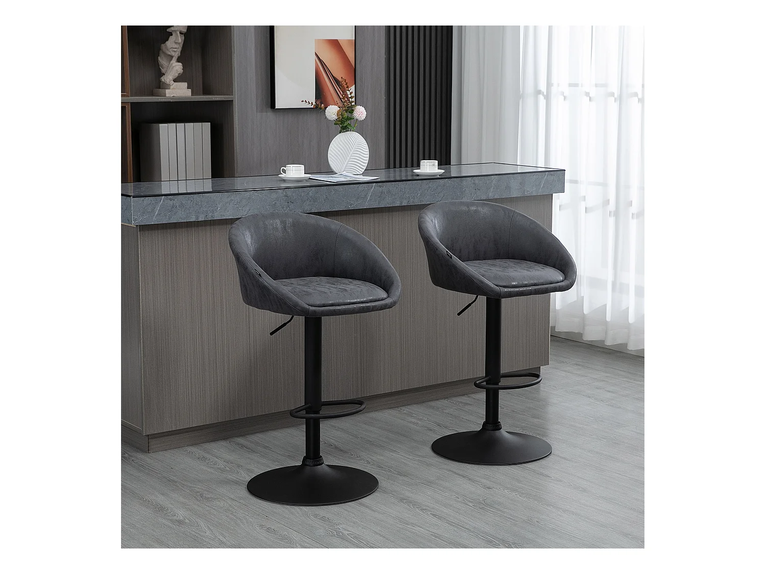 Lot de 2 tabourets de bar réglables, accoudoirs, dossier simili cuir, gris foncé, pieds métal (57x50x84-104cm)