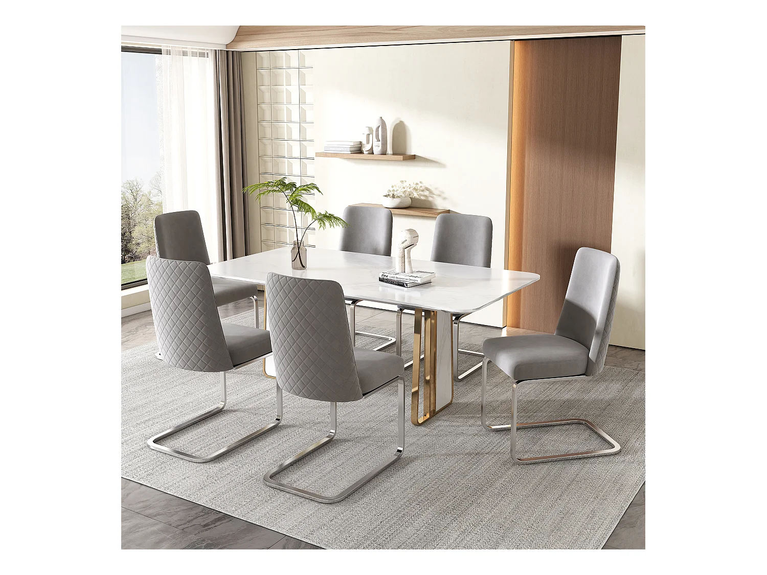 Chaise de salle à manger en velours, 2 pièces, design luxe, avec dos en diamant et pieds métalliques argentés, gris (47x47x90 cm)