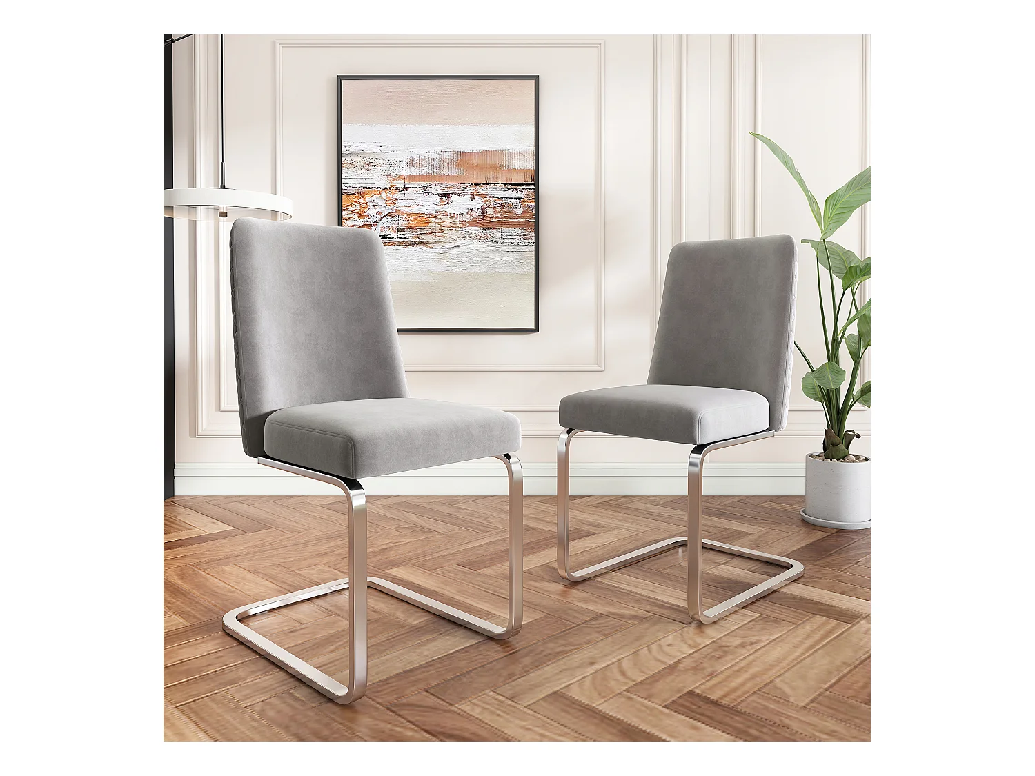 Chaise de salle à manger en velours, 2 pièces, design luxe, avec dos en diamant et pieds métalliques argentés, gris (47x47x90 cm)