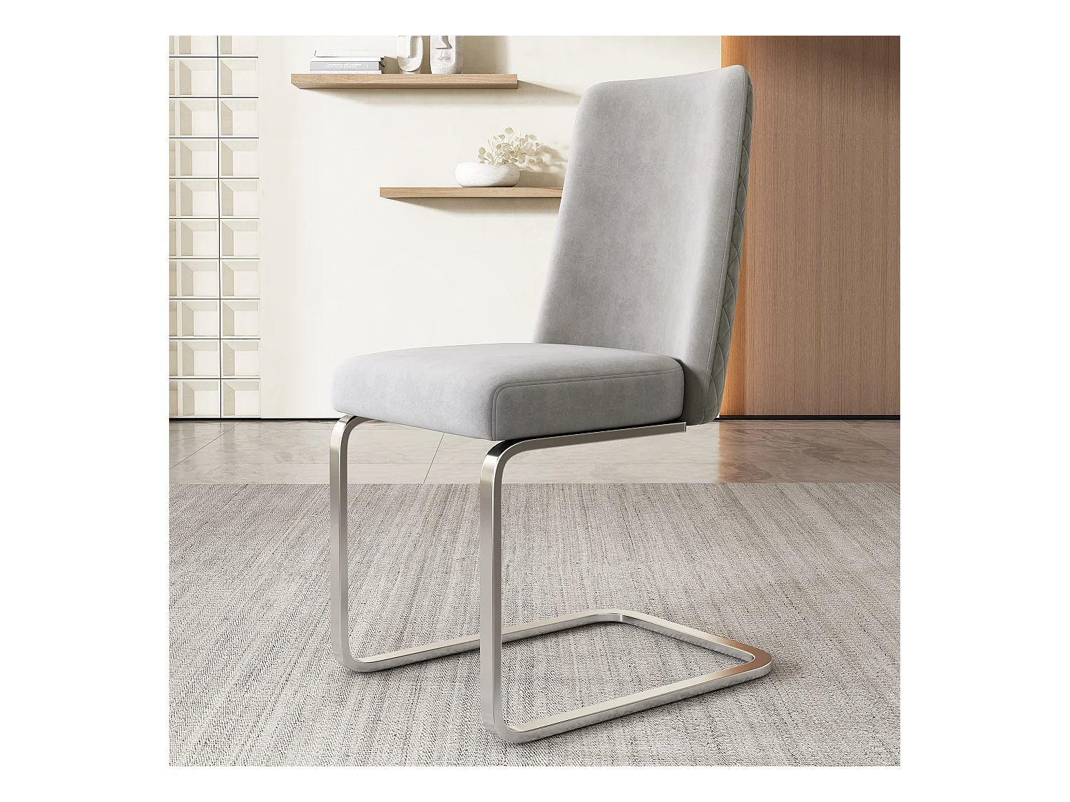 Chaise de salle à manger en velours, 2 pièces, design luxe, avec dos en diamant et pieds métalliques argentés, gris (47x47x90 cm)