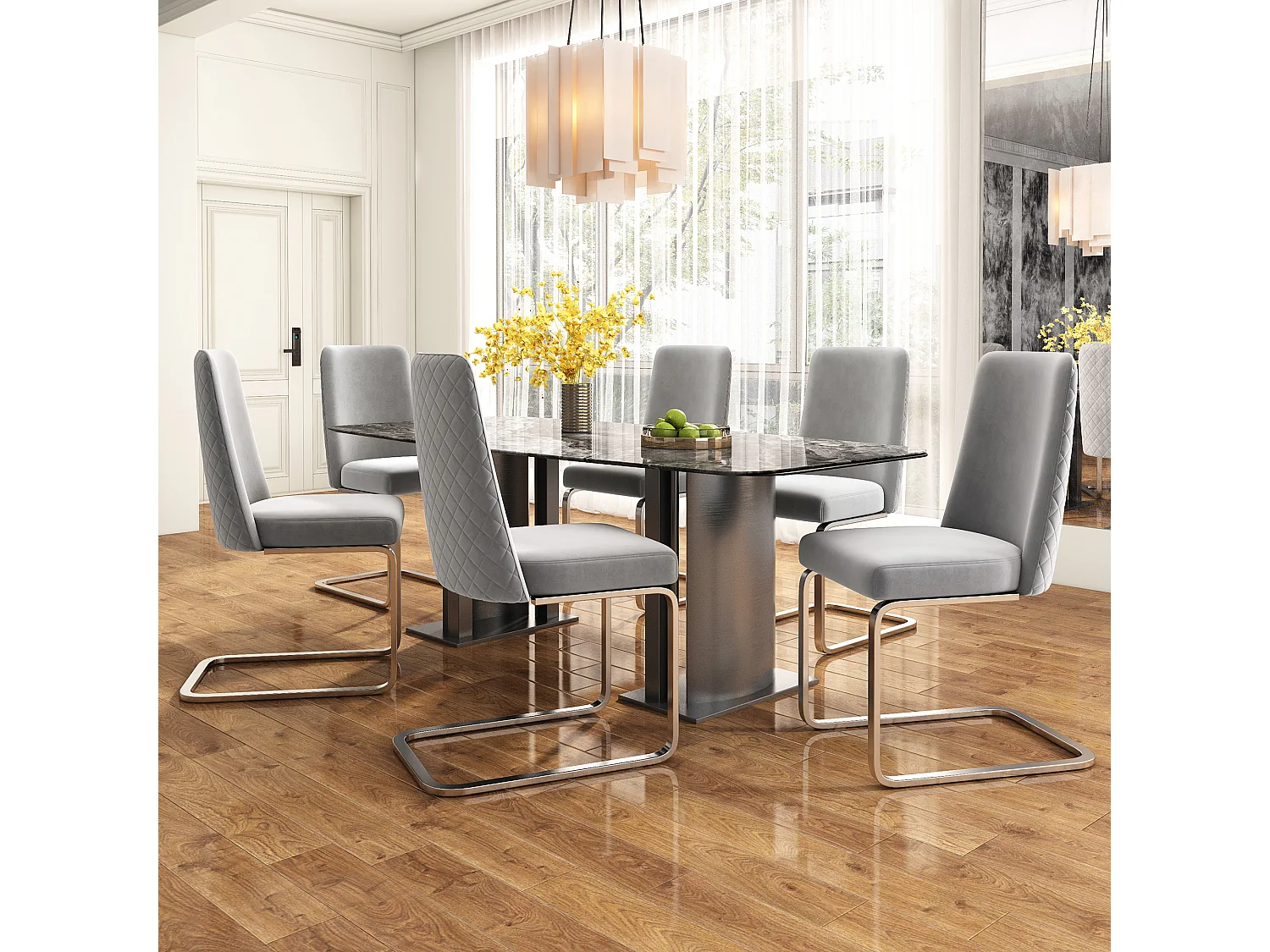 Chaise de salle à manger en velours, 2 pièces, design luxe, avec dos en diamant et pieds métalliques argentés, gris (47x47x90 cm)