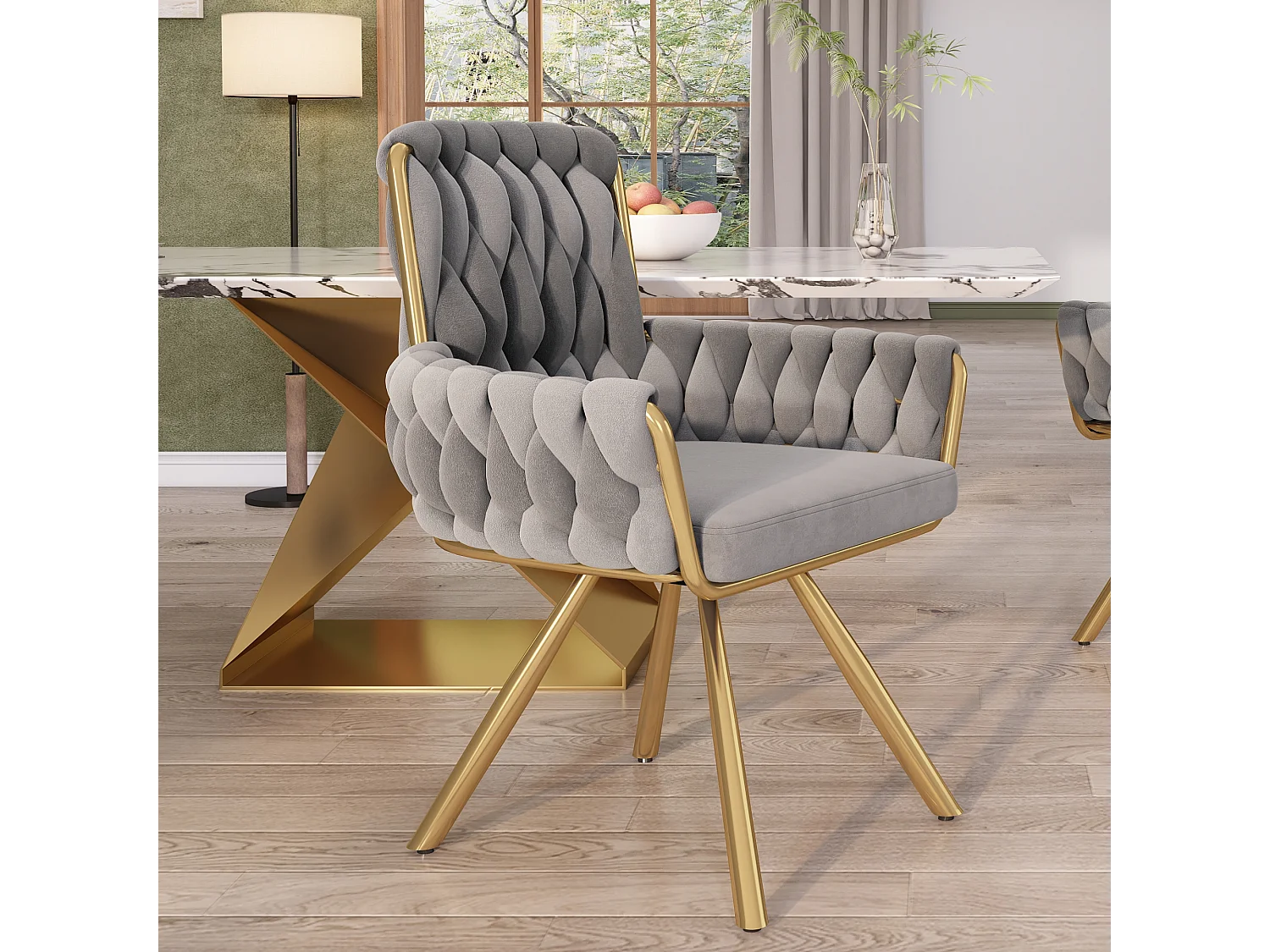Chaise Pivotante en Velours, Design Luxueux, Métal, Gris (62.87x62.23x50.80 cm)