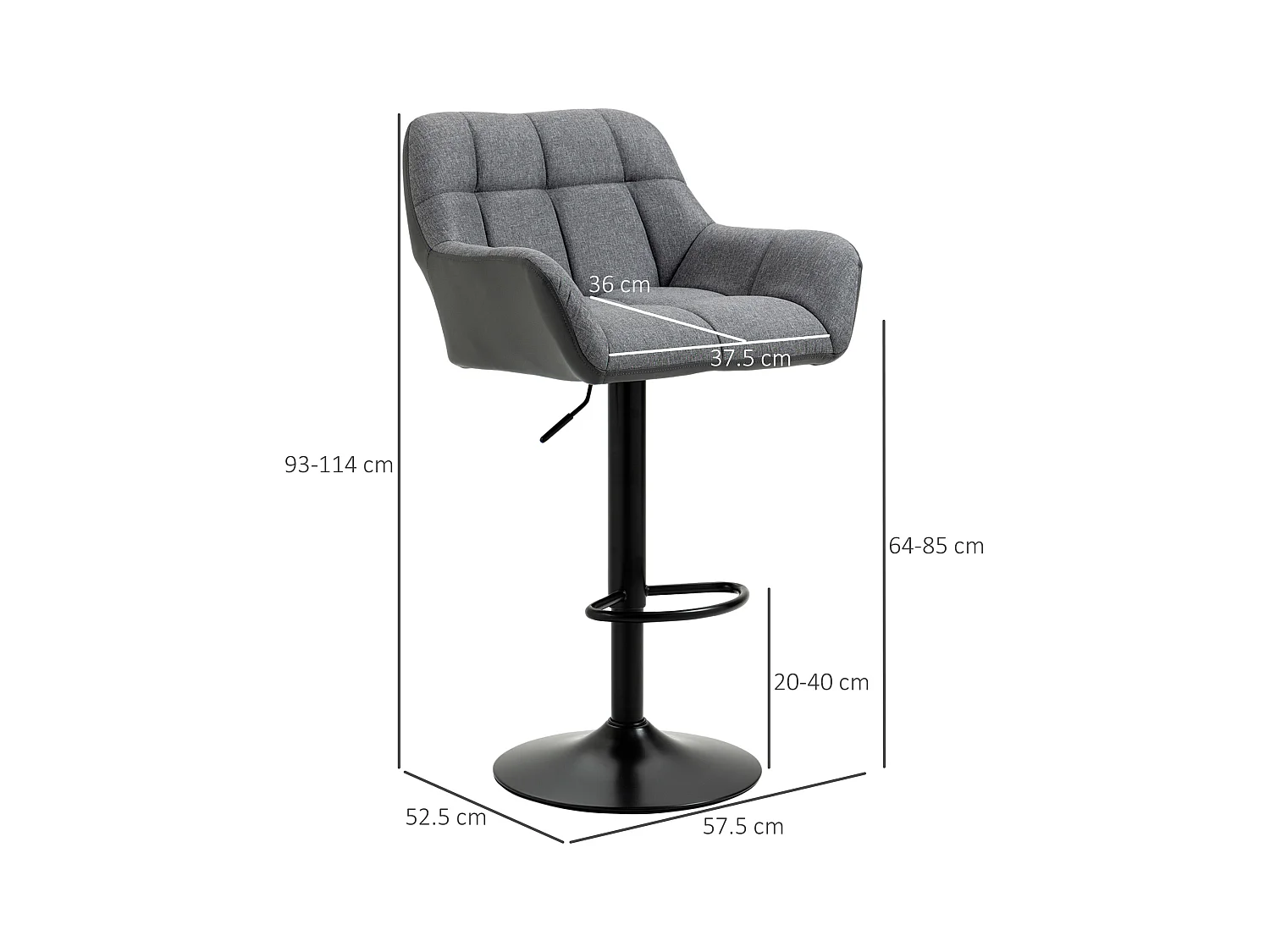 Tabouret de bar réglable 2 pièces avec dossier et repose-pieds, rotation 360°, en simili lin, gris (57.5x52.5x93-114 cm)