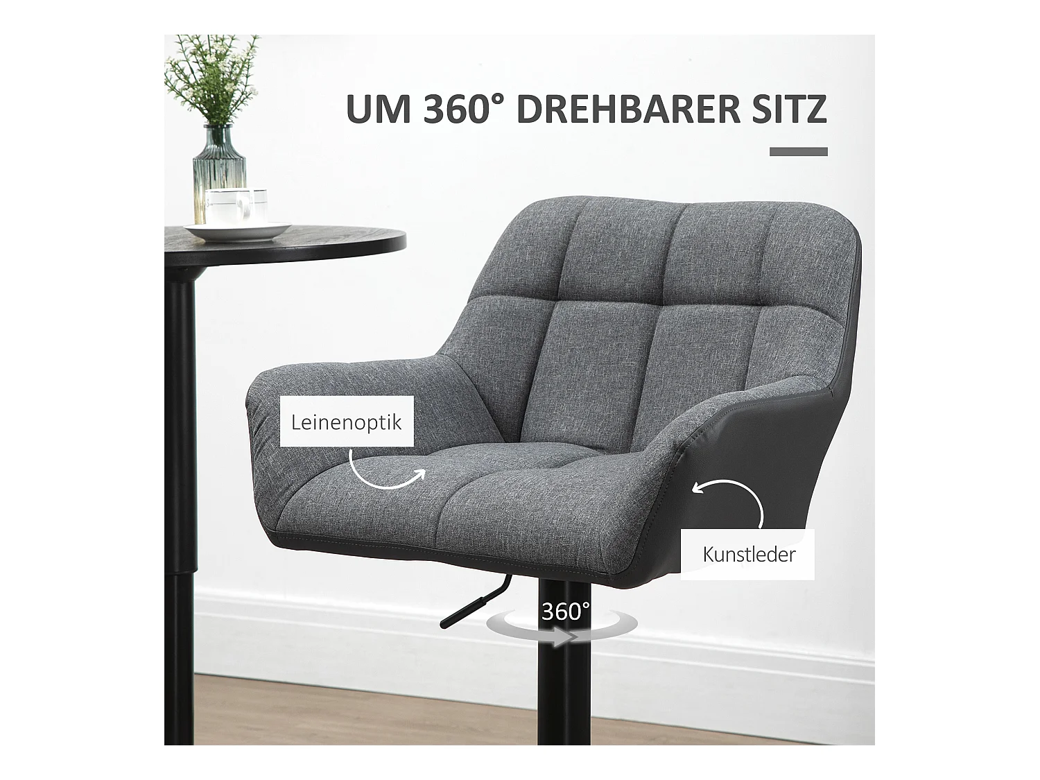 Tabouret de bar réglable 2 pièces avec dossier et repose-pieds, rotation 360°, en simili lin, gris (57.5x52.5x93-114 cm)