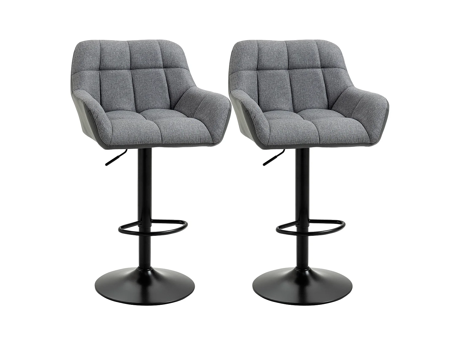 Tabouret de bar réglable 2 pièces avec dossier et repose-pieds, rotation 360°, en simili lin, gris (57.5x52.5x93-114 cm)