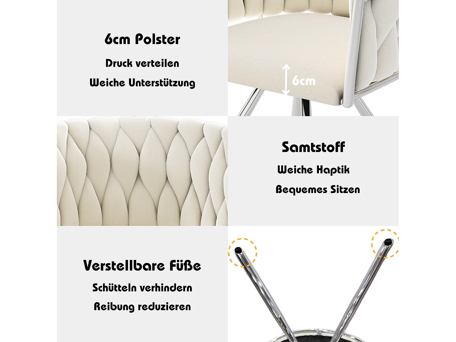 Set van 6 fluwelen eetkamerstoelen, luxe draaistoel voor woonkamer en slaapkamer, met metalen poten (62x60x57 cm)