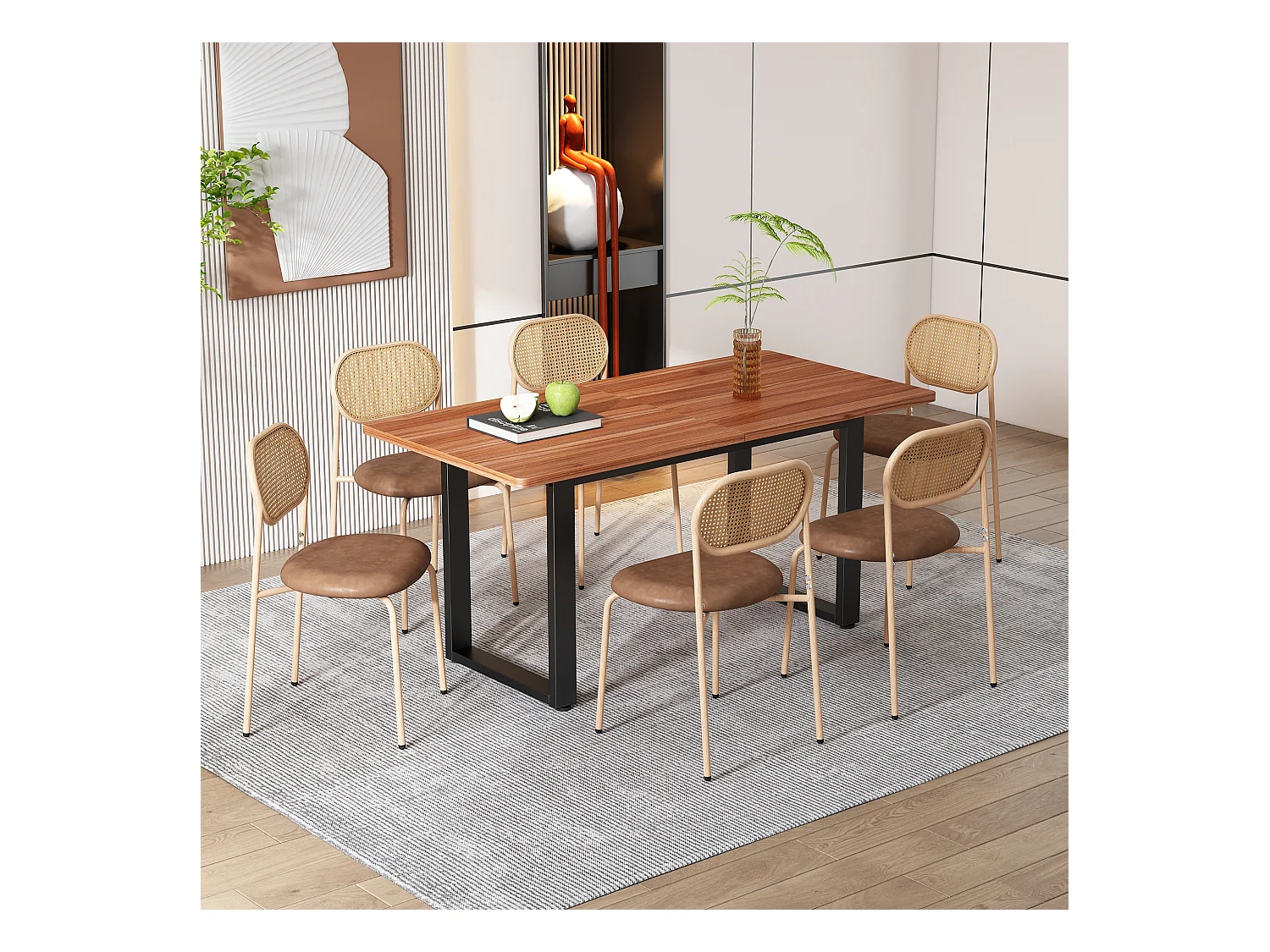 Set van 6 eetkamerstoelen, fluwelen relaxstoel, met metalen poten, rotan, bruine kleur