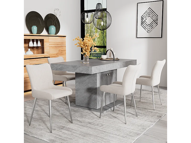 Set van 4 fluwelen eetkamerstoelen, luxe design, met lendensteun en zilveren metalen poten, beige