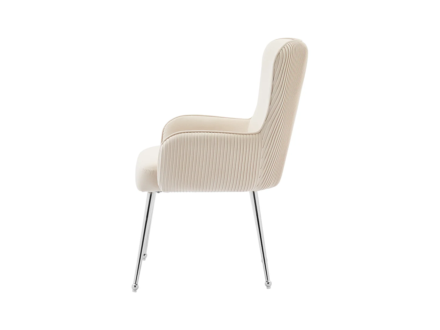 Beige fluwelen eetkamerstoel set van 6 met armleuningen, zilveren metalen poten, lendensteun (69x58,5x56 cm)